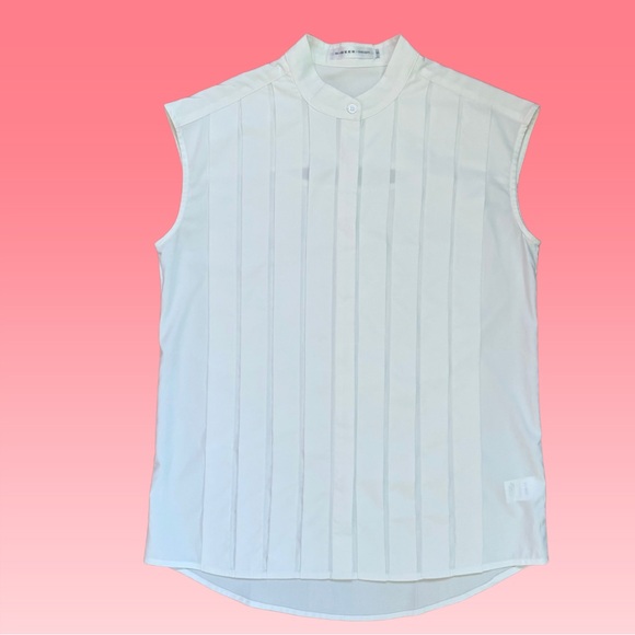 Tuxedo Pleated Oversized Drop Shoulder Key Hole Back Sleek Chic Buttondown Top S - Picture 1 of 8
